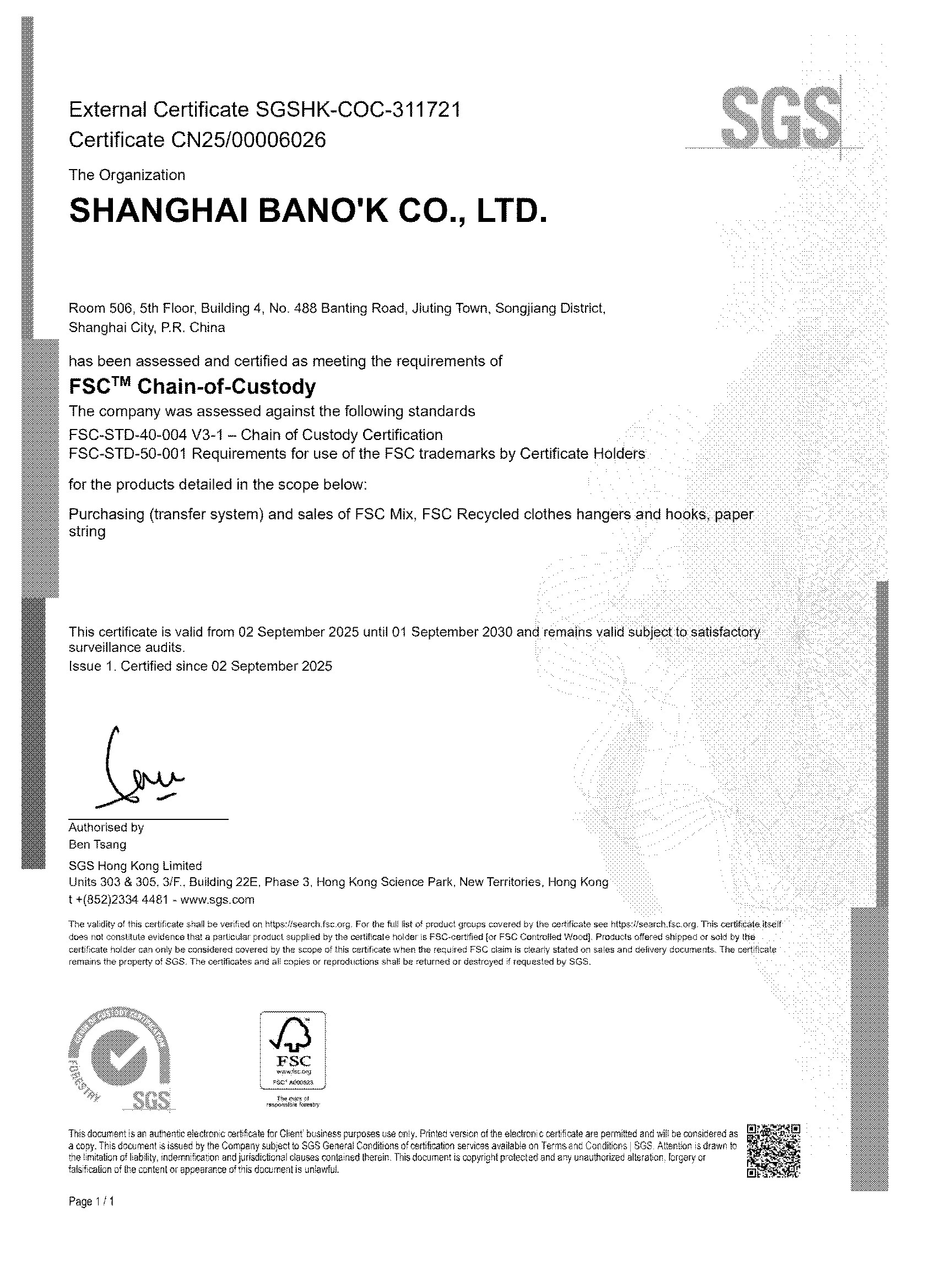 Shanghai Bano’k Obtains FSC Certificate (2025-2030)